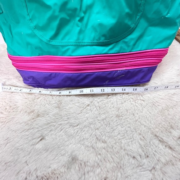 Vintage 90s Teal Purple Nylon Tote Bag Travel Gym Shoulder Bag Expands to 18" - Picture 2 of 7